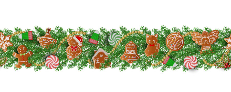 christmas seamless banner with pinse branches and gingerbread cookies. and candies christmas seamless border with fir branches and sweets