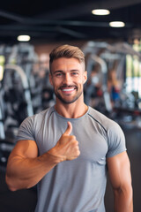 Obraz premium young man in the gym showing thumbs up Generative AI