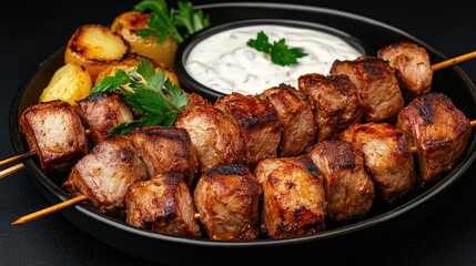 Succulent skewers of marinated meat paired with perfectly roasted potatoes create a tantalizing dish ready to savor