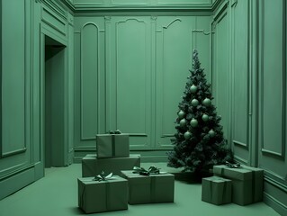 Fototapeta premium Green Christmas Scene with Gifts and Tree