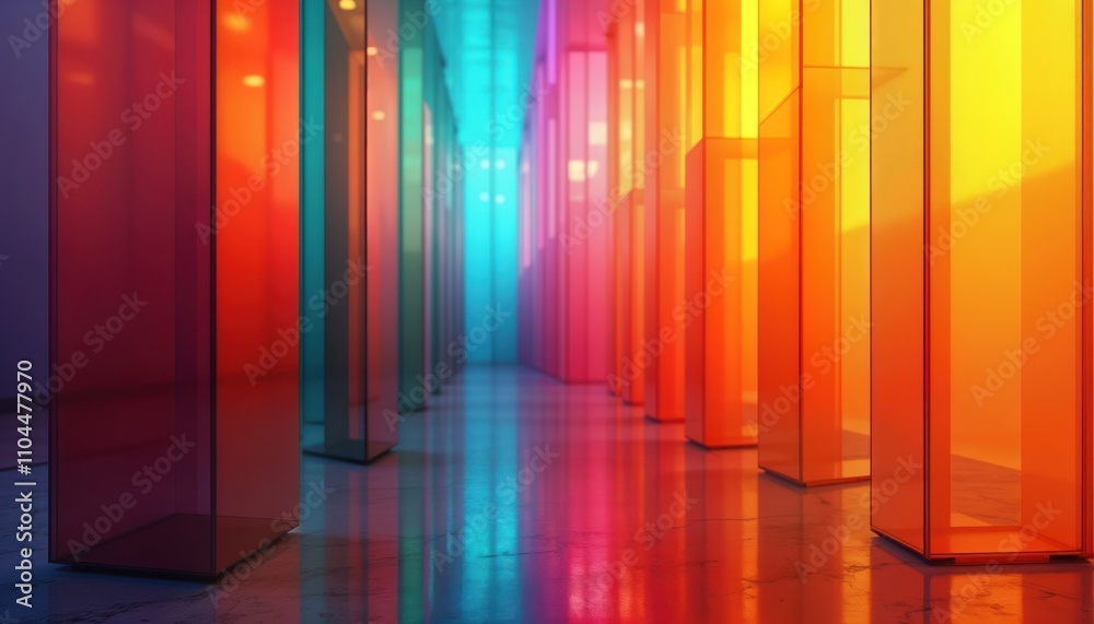 Aufkleber Colorful geometric forms create vibrant corridor. Glass structures in various rainbow colors. Modern design. Abstract shapes. Interior design inspiration. Tech background. Geometric patterns.