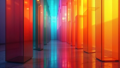 Colorful geometric forms create vibrant corridor. Glass structures in various rainbow colors. Modern design. Abstract shapes. Interior design inspiration. Tech background. Geometric patterns.