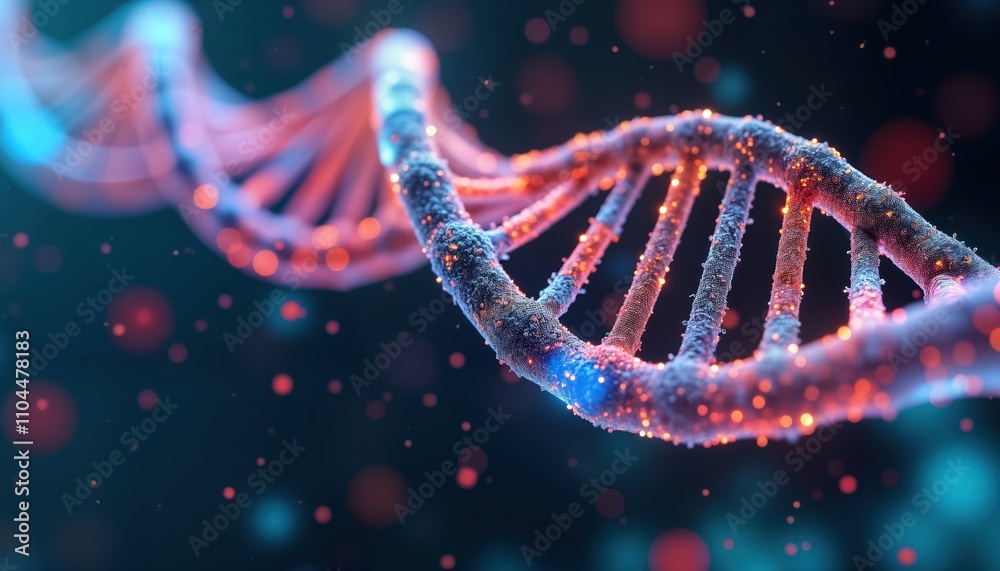 Aufkleber Futuristic dna structure glows with vibrant colors. Tech, bio intertwine in dynamic display. Molecular structure highlighted by bright lights. Abstract representation of science, life. Illustrates
