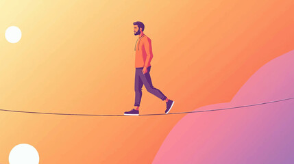Obraz premium Emotional intelligence, balance emotion. Man walk thin rope with bad and good emotions. Unstable mental state and tight emotion control. Psychological and mental stability. Mindful calm, harmony