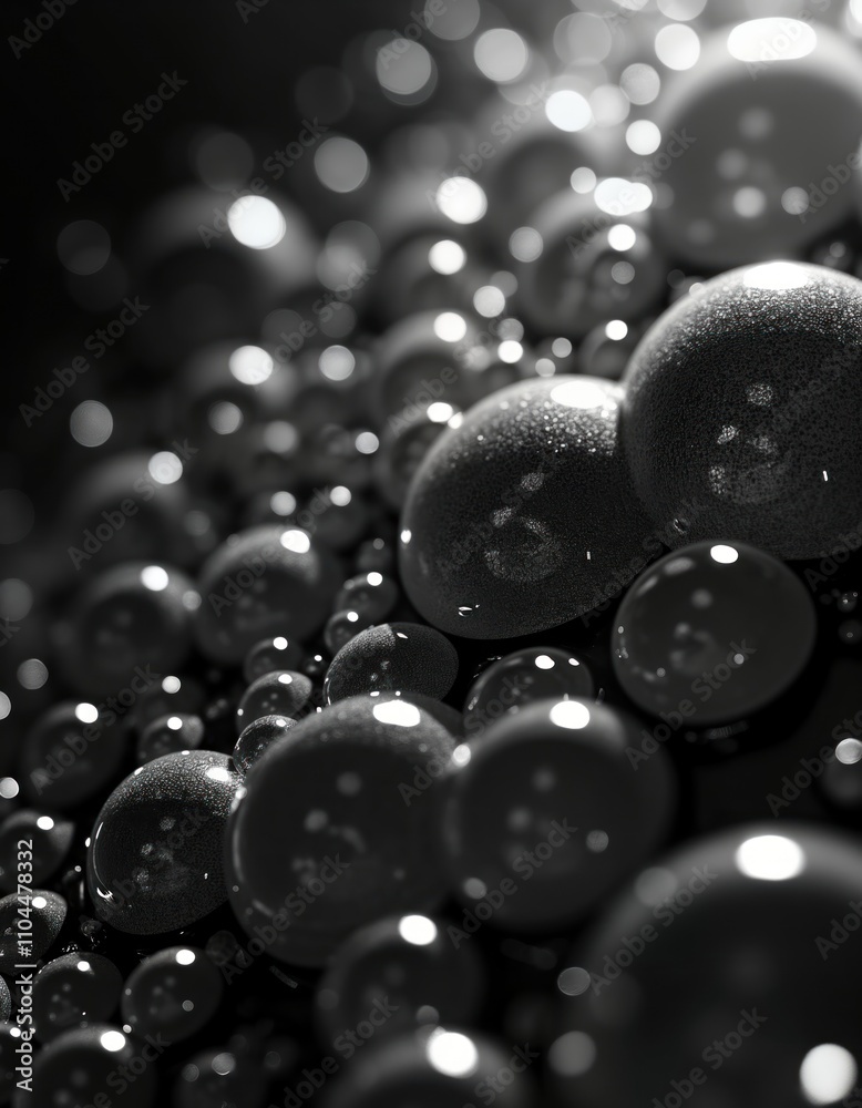 Fototapete Closeup view of many round bubbles floating on dark surface. Bubbles glossy smooth surface, transparent quality. Dark background creates contrast. Shiny, reflective appearance. Intricate pattern,