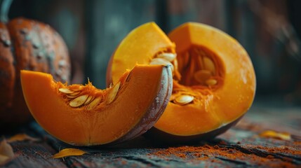 Ripe sliced pumpkin on wooden table.