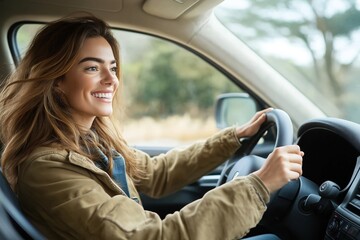 Happy woman drives car. Smiling European female driver enjoys road trip. Focus on happy expression. Modern lifestyle imagery. Good day on road. Exterior view through windshield. Safe driving.