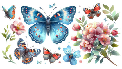 butterflies and flowers watercolor clipart on transparent background