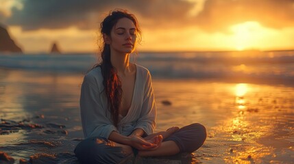 Woman sitting crosslegged on beach, peaceful meditation, warm light
