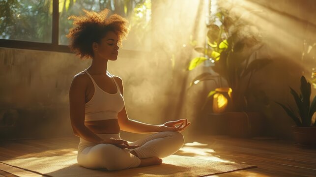 Yoga teacher guiding class in sunny room, mindfulness practice