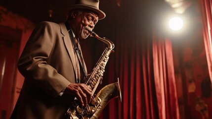 Naklejka premium A jazz musician plays the saxophone passionately on stage, enveloped in warm light against rich red curtains. The atmosphere bursts with rhythm, artistry, and a timeless musical celebration.