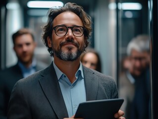 Confident it manager holding tablet and leading his team in a data center