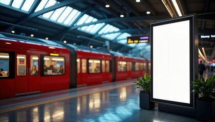Modern train station platform with red train, blank advertisement. People present. Public transport, advertising concept. Interior shot. Illuminated advertisement stand. Station environment.