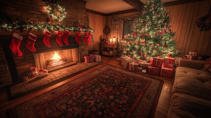 Cozy Christmas scene.  Warm firelight illuminates a rustic living room, Christmas tree, presents, and stockings hung by the fireplace.