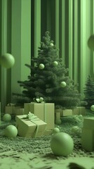 Green Christmas Scene with Gifts and Tree