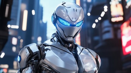 Fototapeta premium A robotic humanoid with sleek, silver armor and glowing blue eyes, standing in a futuristic cityscape