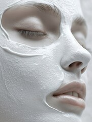 Black and white portrait of a woman with white textured cream mask, artistic minimalist concept, AI-generated