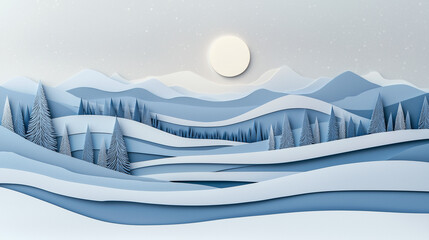 Illustration minimaliste en papier découpé d'un paisible paysage d'hiver