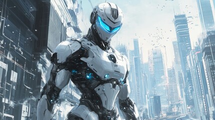 A robotic humanoid with sleek, silver armor and glowing blue eyes, standing in a futuristic cityscape