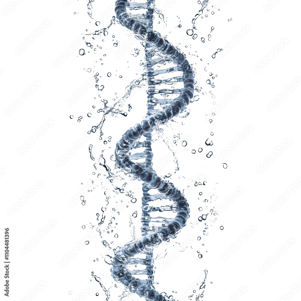 Poster vertical dna strand made of water with splashing droplets on transparent background, ideal for scien