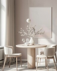 A minimalist dining room interior with a pink abstract painting. a round wooden table with three chairs. and a hanging pendant light