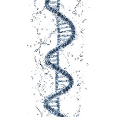 Vertical dna strand made of water with splashing droplets on transparent background, ideal for science and medical concepts