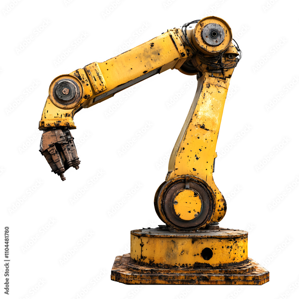 Aufkleber Rusty yellow robotic arm reaching down, isolated on transparent background, ready for integration into projects