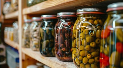 Close-up of jars filled with pickled vegetables on shelves