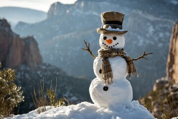 Obraz premium Snowman, with top hat, carrot nose, button eyes and scarf. in winter mountain scenery. Winter wonderland. Frosty.