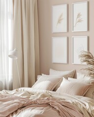 Fototapeta premium Minimalist bedroom interior with a beige wall. white bed linens and a window with a sheer curtain There are four empty frames above the bed