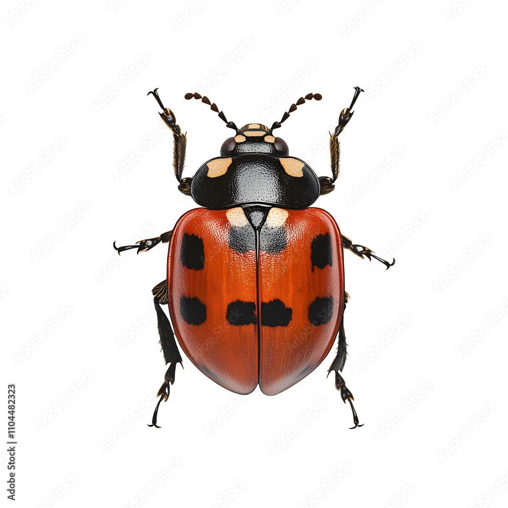Poster detailed dorsal view of a red ladybug with black spots and legs, isolated on a transparent backgroun