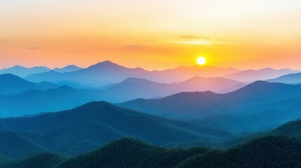 Fototapeta premium Peak energy capacity concept, A serene landscape showcasing rolling mountains at sunset, with soft hues of orange and blue spreading across the sky and valleys.