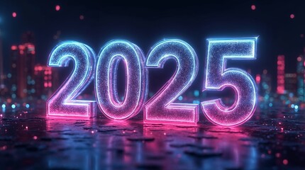 Neon 2025 sign with cityscape at night