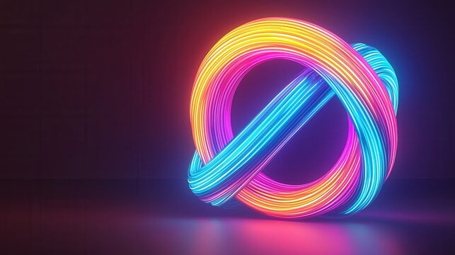 Peak energy capacity concept, A vibrant, glowing knot of intertwined neon lights in pink and blue against a dark background, creating a striking visual effect.