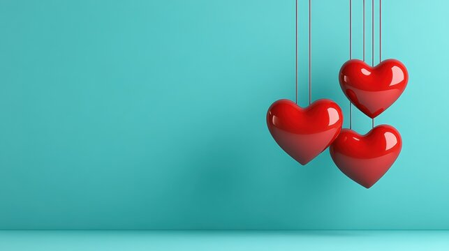 Three glossy red hearts hang against a vibrant turquoise background, AI