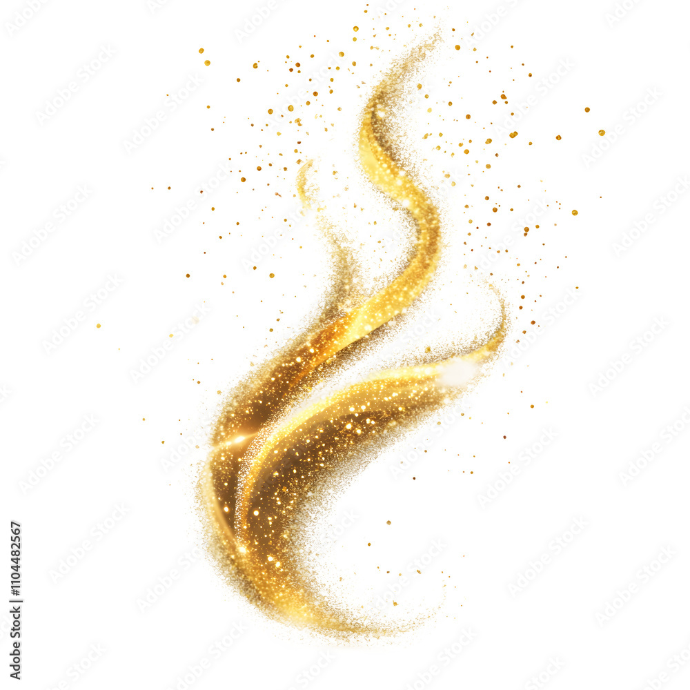 Poster Golden light effect with glitter particles creating a swirling trail on transparent background