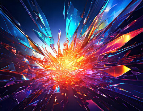 Vibrant multicolored crystal shards exploding outwards creating a dazzling abstract starburst effect with a bright center