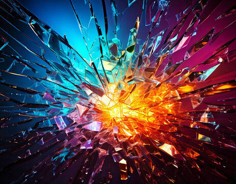 Explosive burst of colorful glass shards radiating from a central point of brilliant light, forming an abstract and energetic visual