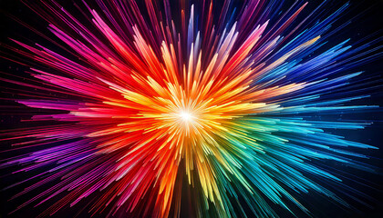 Bright and colorful light beams exploding from the center, forming a vibrant spectrum on a dark background