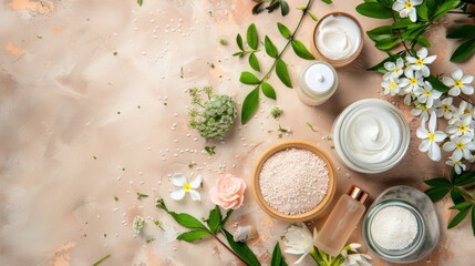 Natural skincare products with flowers on a soft background
