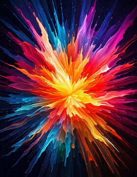 Vibrant colors exploding outwards from the center, creating dynamic and energetic composition on black background