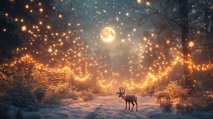 Magical winter scene. Two majestic reindeer stand in a snow-covered forest path, illuminated by warm fairy lights strung between trees.
