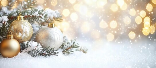 Christmas white decoration and spruce tree close up, bokeh lights background. Merry Christmas and Happy Holidays greeting card, frame, banner. New Year. Noel. Winter festive xmas theme.