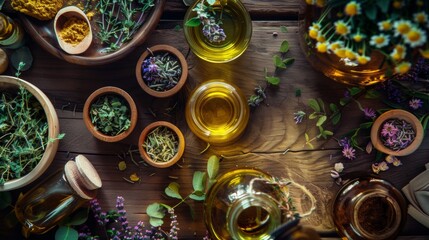 Herbal oils and dried plants on a rustic table