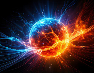 Abstract fiery plasma ball emitting energy with blue and orange light streaks against a dark background