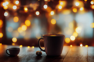 hot drink in window and Christmas lights