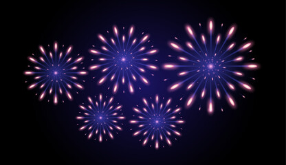 Naklejka premium Vector fireworks are set on a black background with vibrant explosions, perfect for celebrating the holiday season or New Year. Ideal for decorations, prints, posters, banners, wallpapers, or cards.