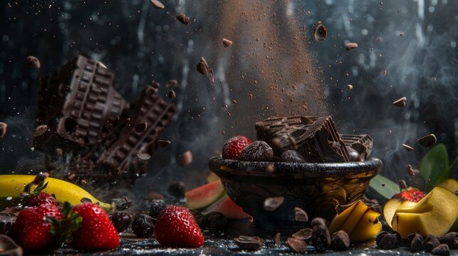 Exploding chocolate with fruits and cocoa dust in motion