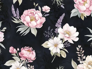Seamless pattern with watercolor flowers. Peonies, anemone, citrus and roses. Illustration 