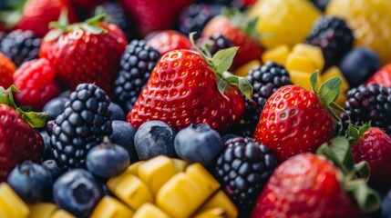 Obraz premium Vibrant assortment of fresh berries and tropical fruits